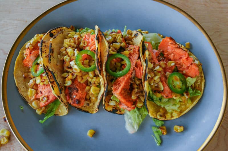 Blackened Salmon Tacos with Hot Honey Corn