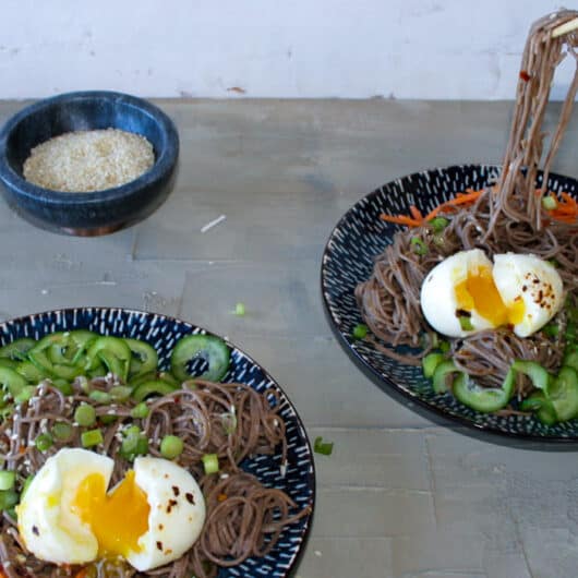 Soba Noodle Salad with miso mirin dressing and runny egg