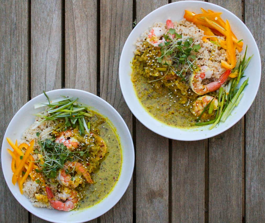 Basil Lemongrass coconut curry with shrimp, bell pepper, green onion, and rice