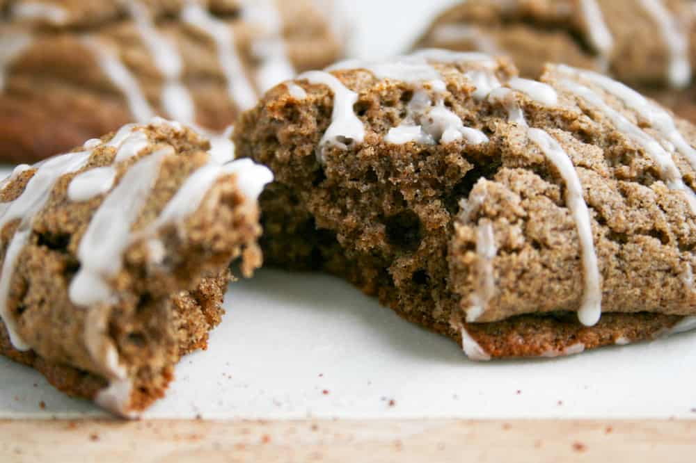 Inside bite shot of a buckwheat chai spiced scone