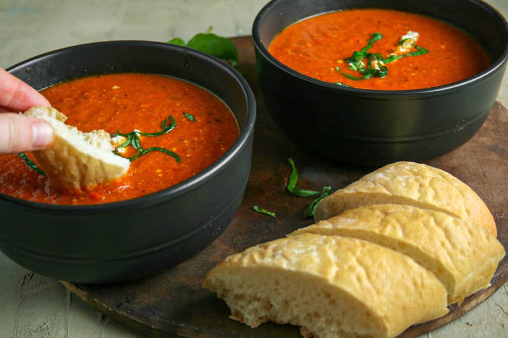 Roasted Red Pepper and whipped feta soup with French bread for dunking
