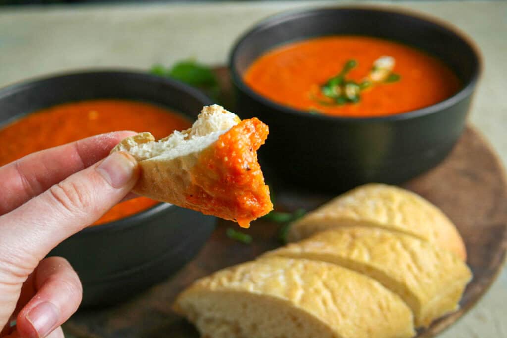 Roasted Red Pepper and whipped feta soup with French bread for dunking