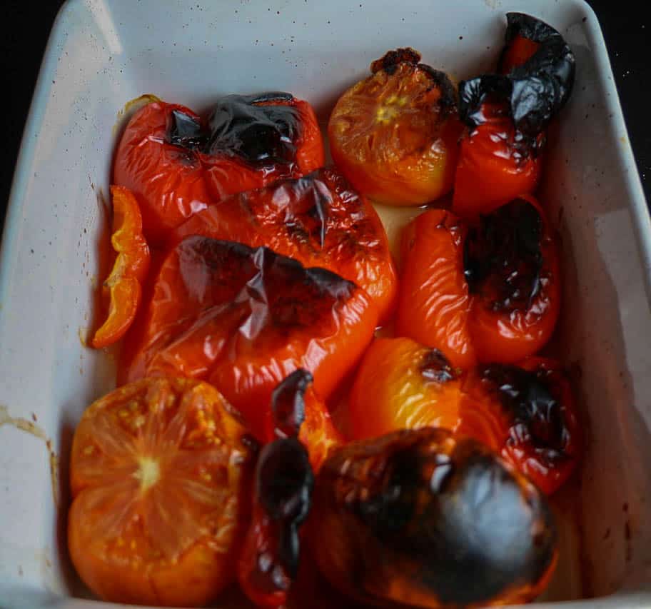 Roasted Red Peppers and Tomatos in a baking dish