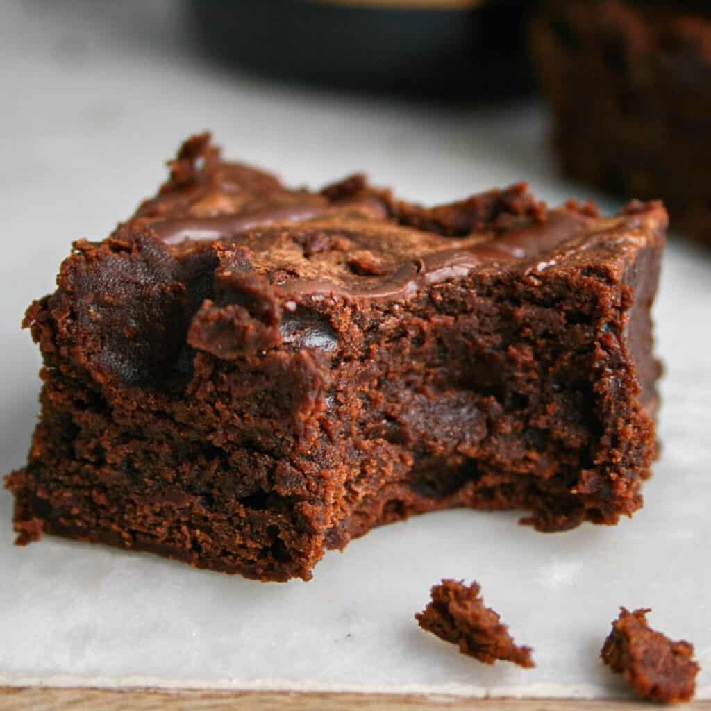 Bite shot of double chocolate Irish coffee brownies.