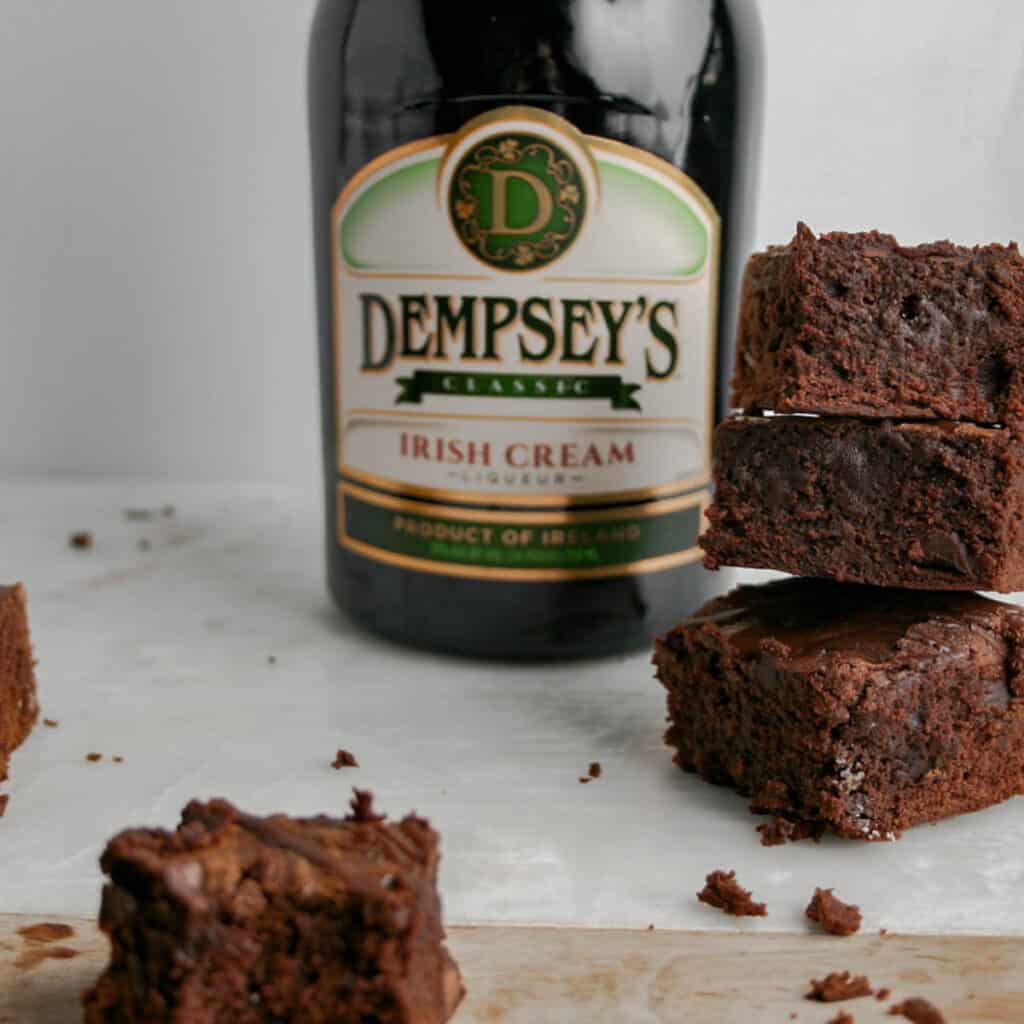 double chocolate Irish coffee brownies made with Dempsey's Irish liquor