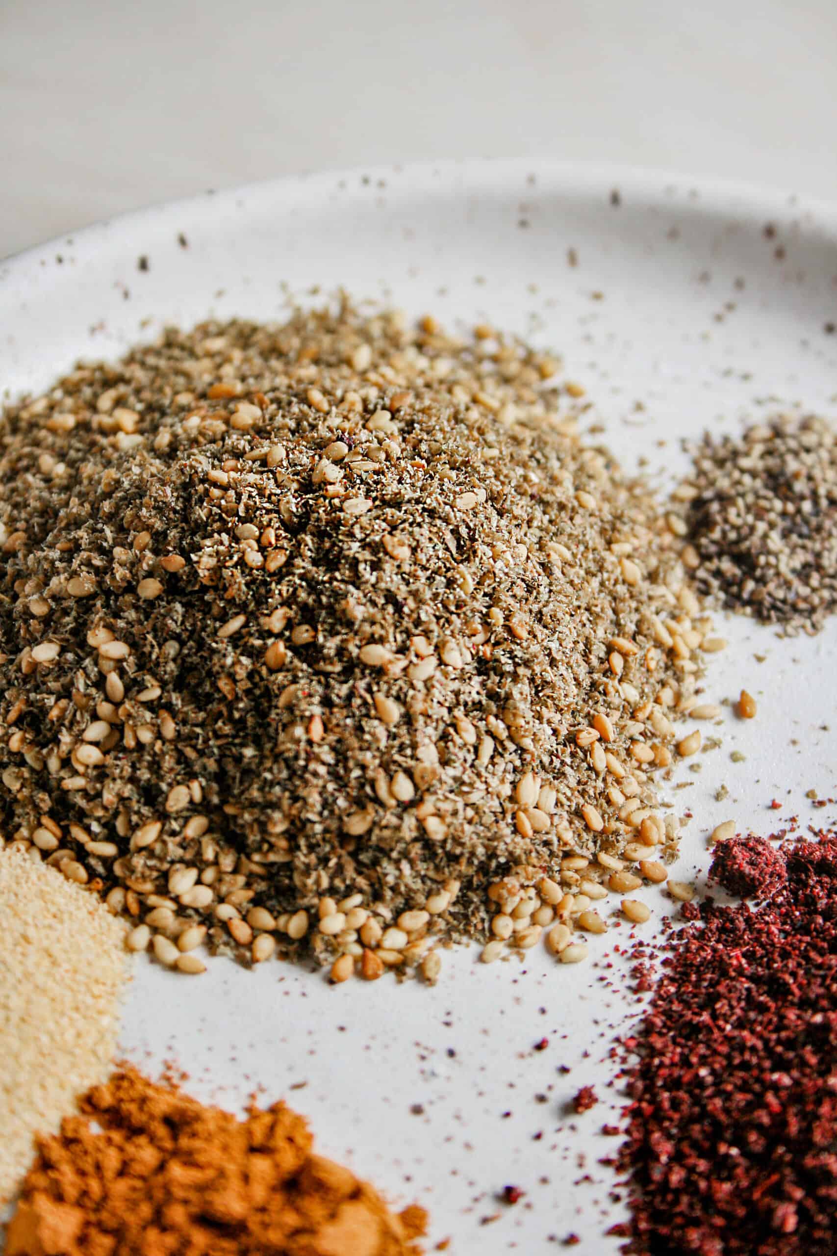 Close up photograph of spices for Za'atar grilled chicken thighs