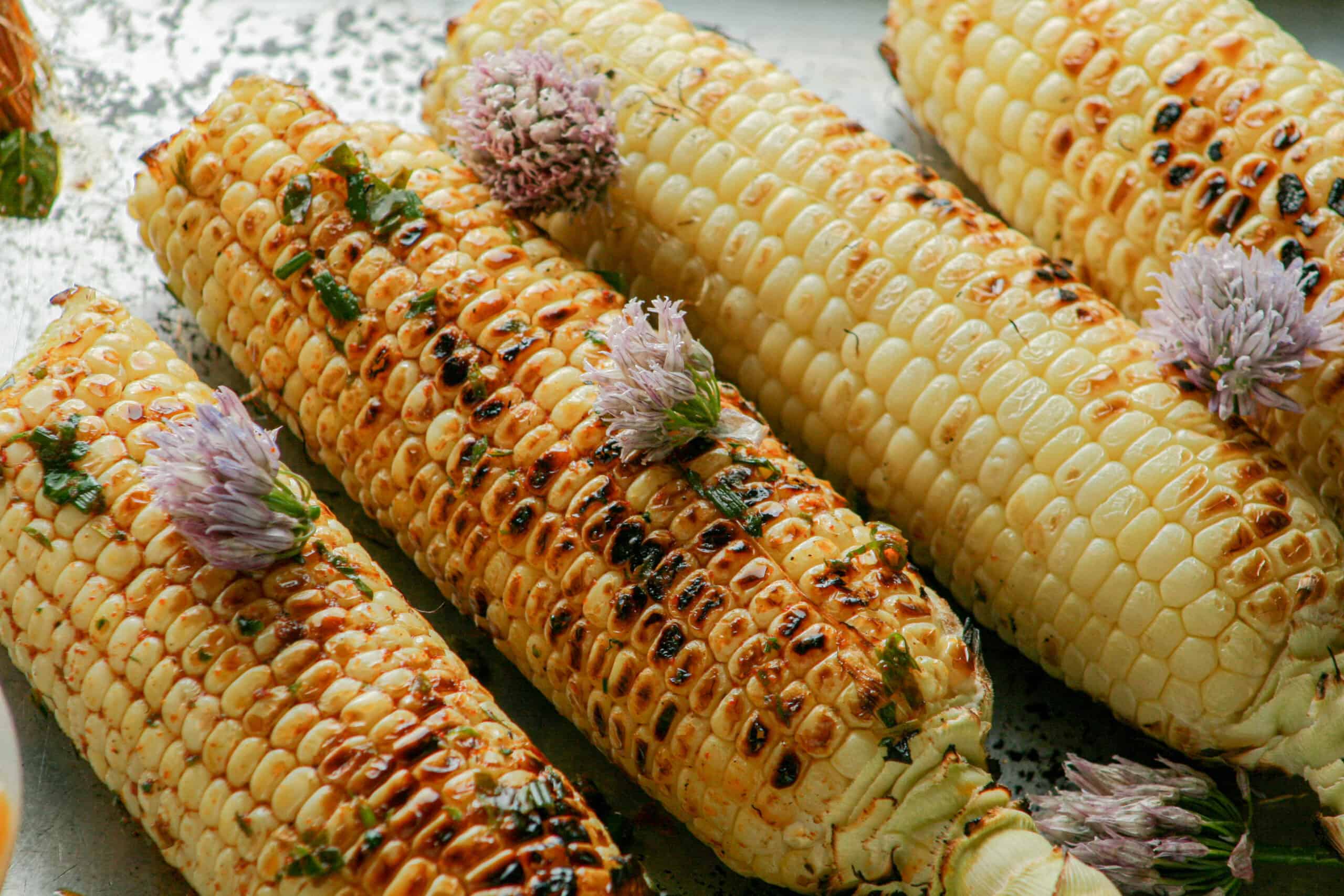 Grilled corn on the cob with herbed garlic butter. Photographed on a metal baking tray.
