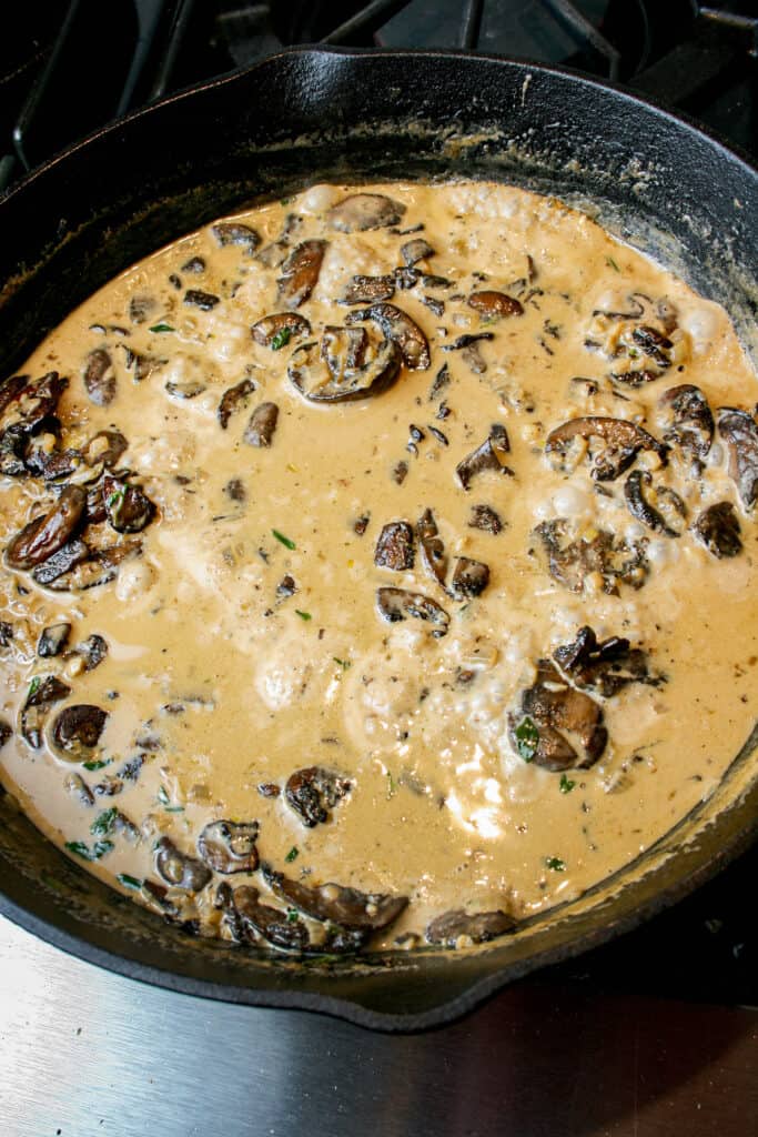 Process photograph of Creamy Mushroom Pasta with Burrata. Mushrooms, shallots, garlic, thyme cooking in beef broth and heavy cream