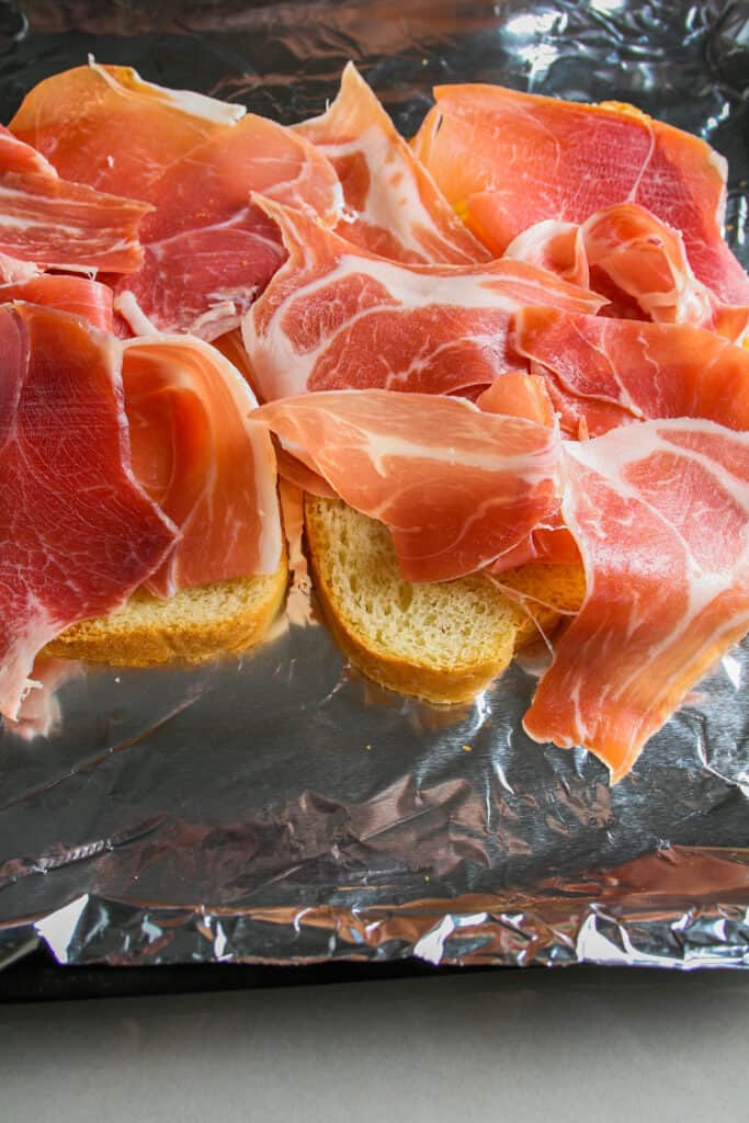 Prosciutto laid over bread for bread crumbs for Brussels sprouts 