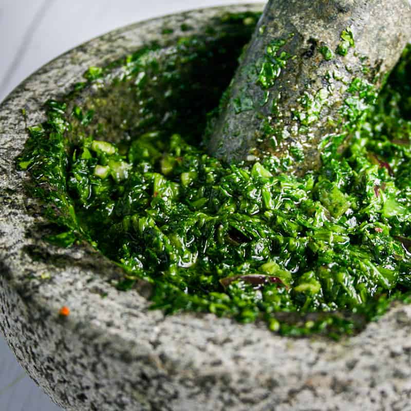 Chimichurri in a mortar and pestle