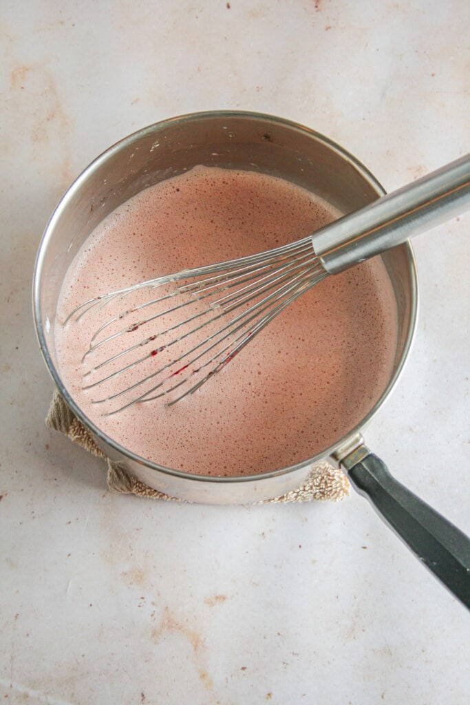 Custard for red velvet creme brulee photographed in a pan