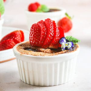 Red Velvet Creme Brulee with strawberries