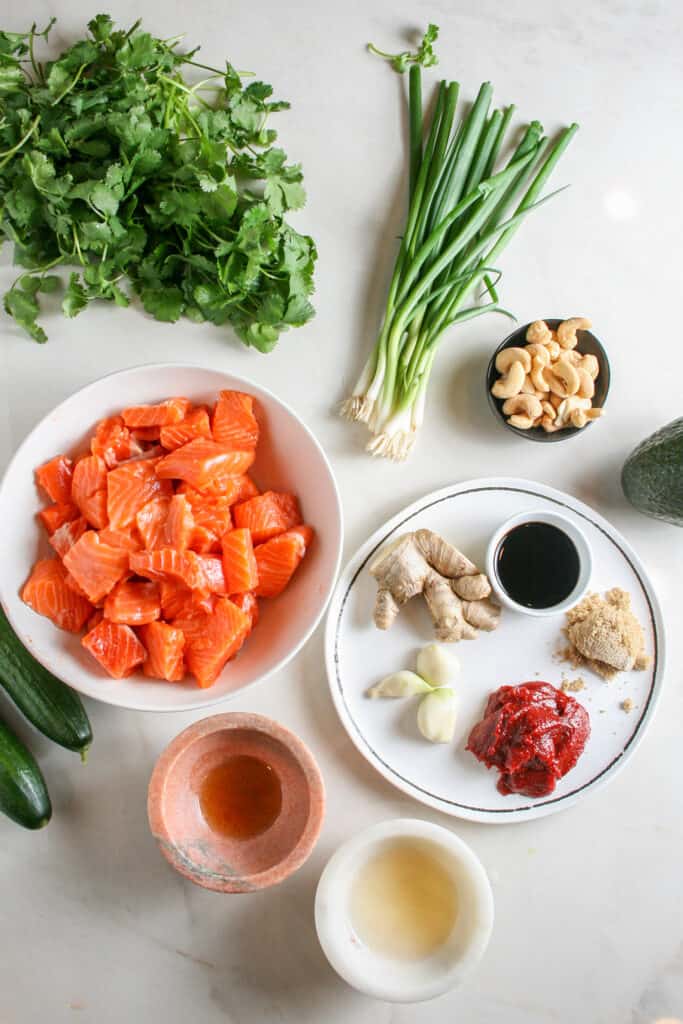 Ingredients for spicy salmon rice bowls