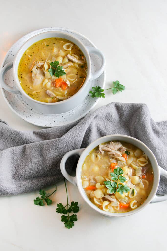 Lemon chicken noodle soup in bowls with parsley on top