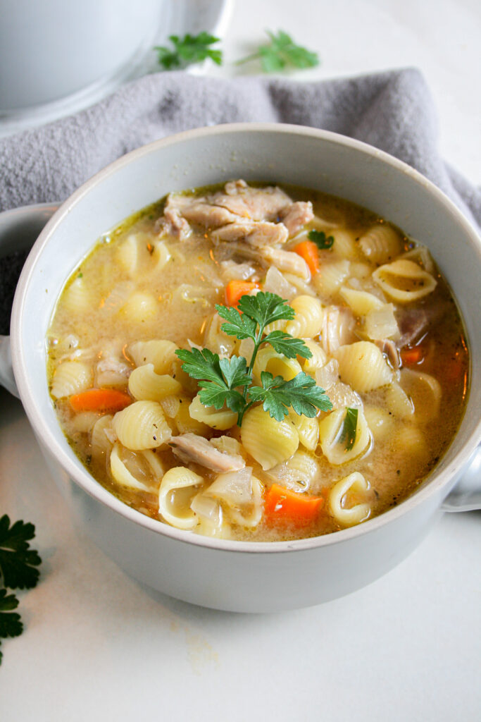 Lemon Chicken Noodle Soup photographed with a parsley garnish