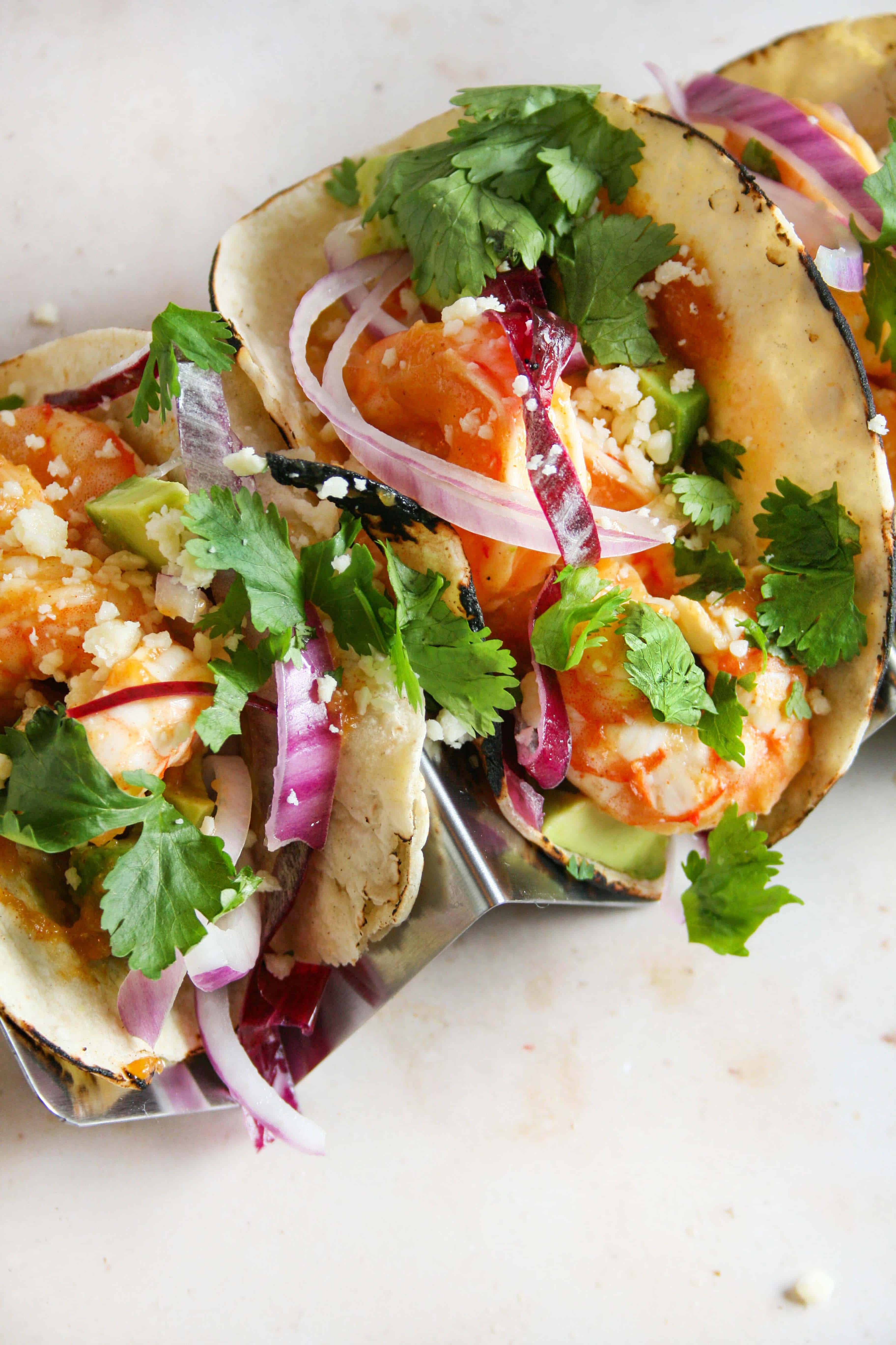 Overhead photograph of chili mango shrimp tacos
