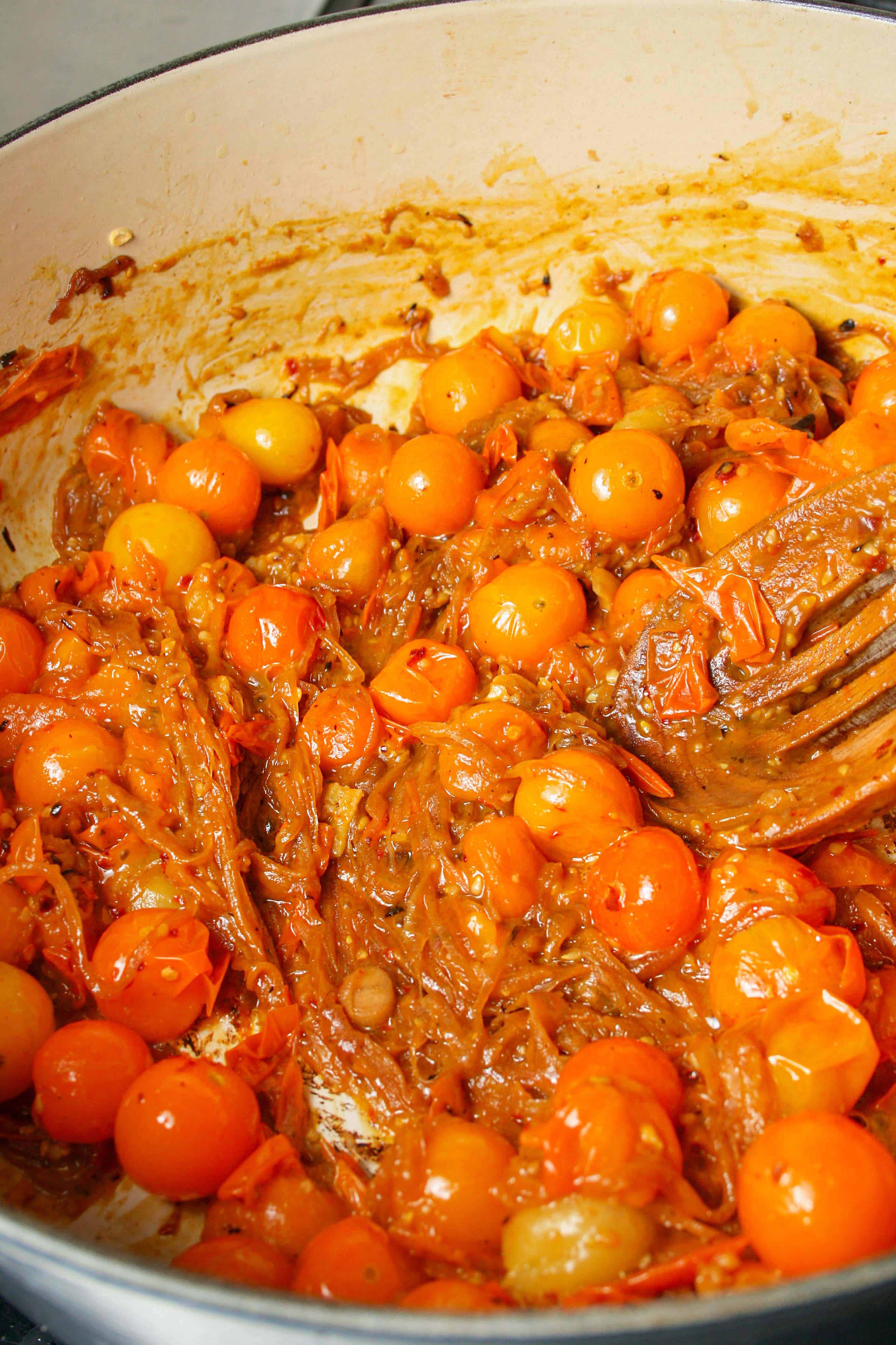 photograph of sun gold tomatoes and caramelized onions