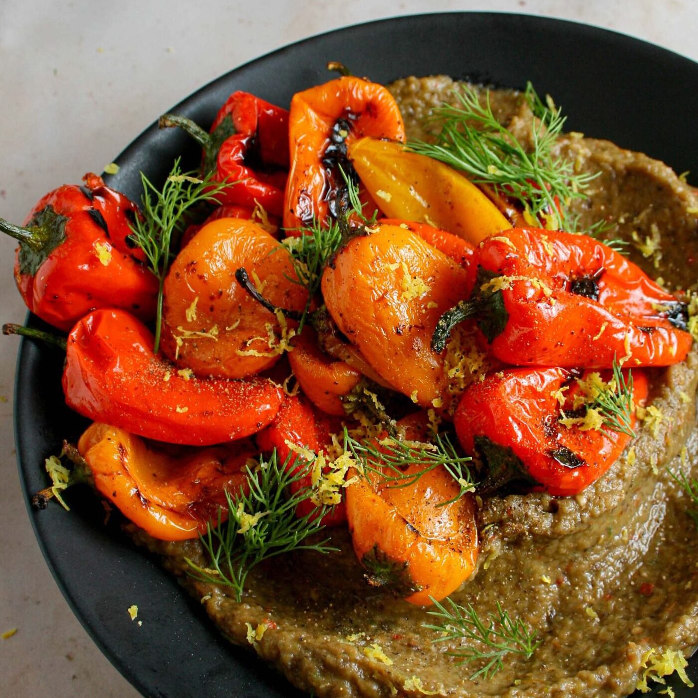 Grilled Sweet Peppers with Spicy Eggplant Dip