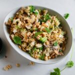 Hero photograph of chili peanut chicken pilaf with cilantro and peanuts on the side