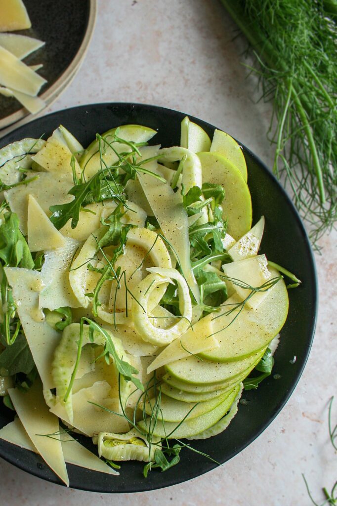 Close up photograph of shaved fennel salad