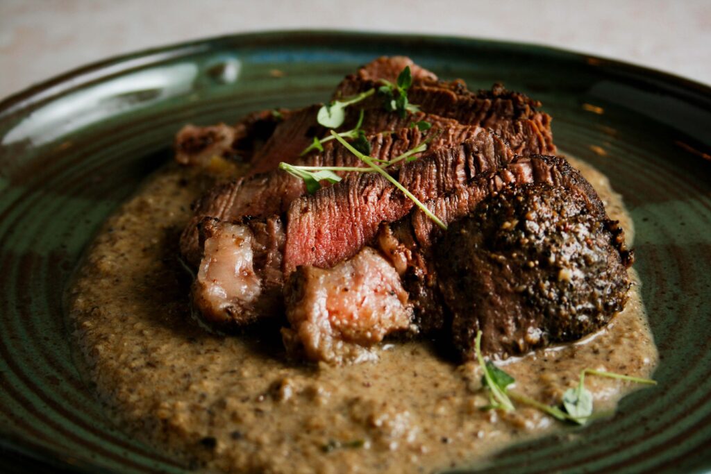 Filet with creamy mushroom sauce and thyme