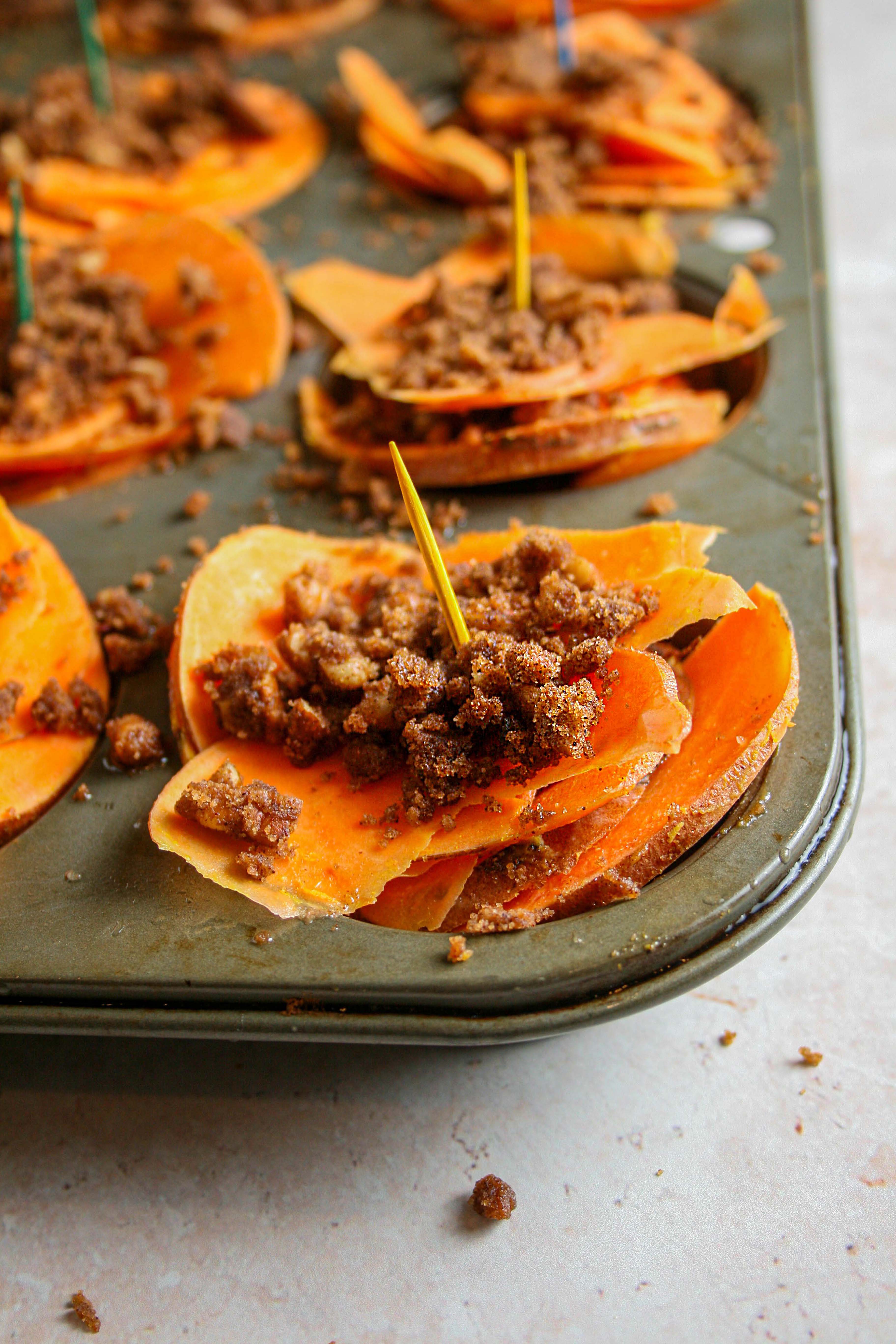 Pecan Crumble Sweet Potato Stacks before baking