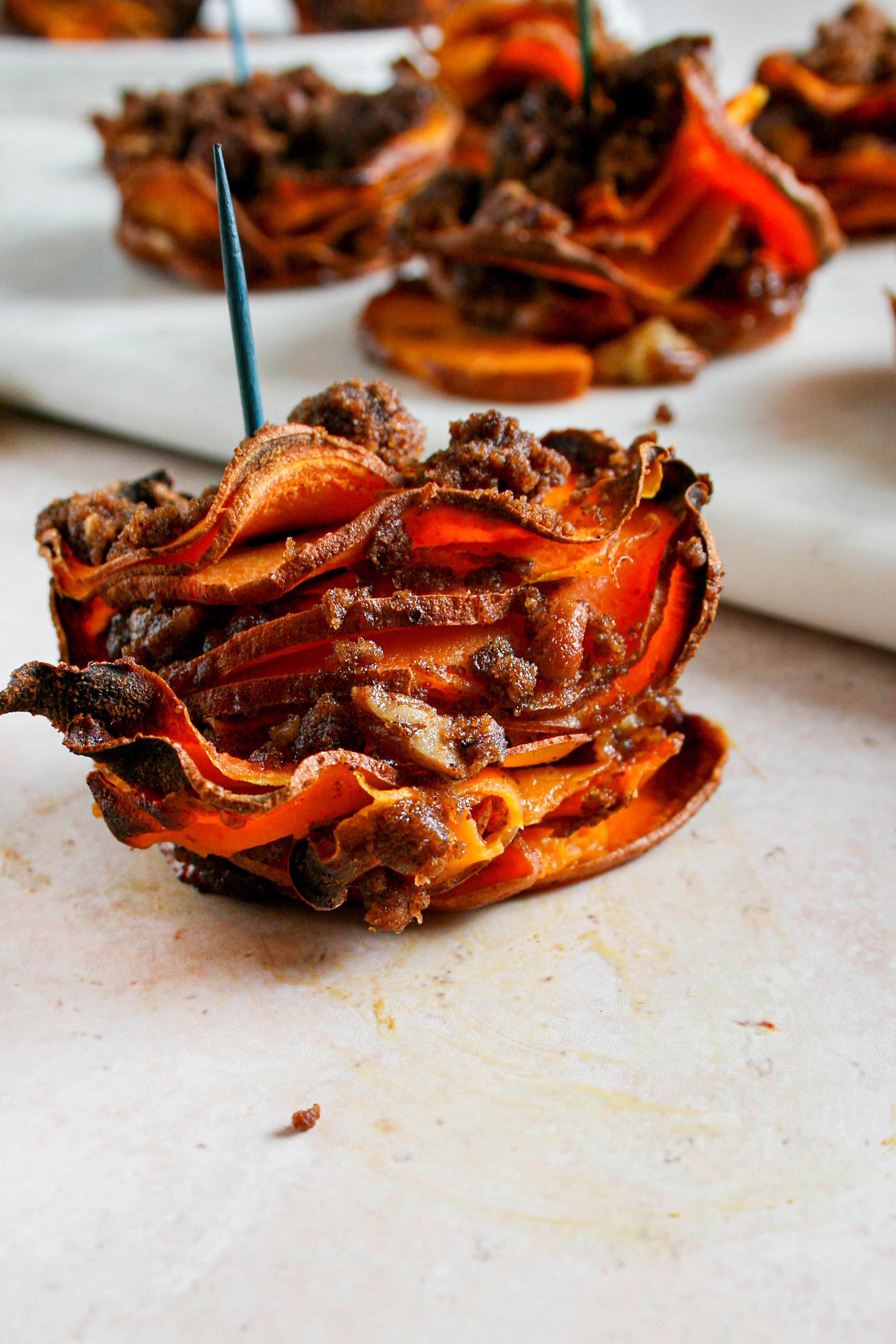 Hero shot of pecan crumble sweet potato stack